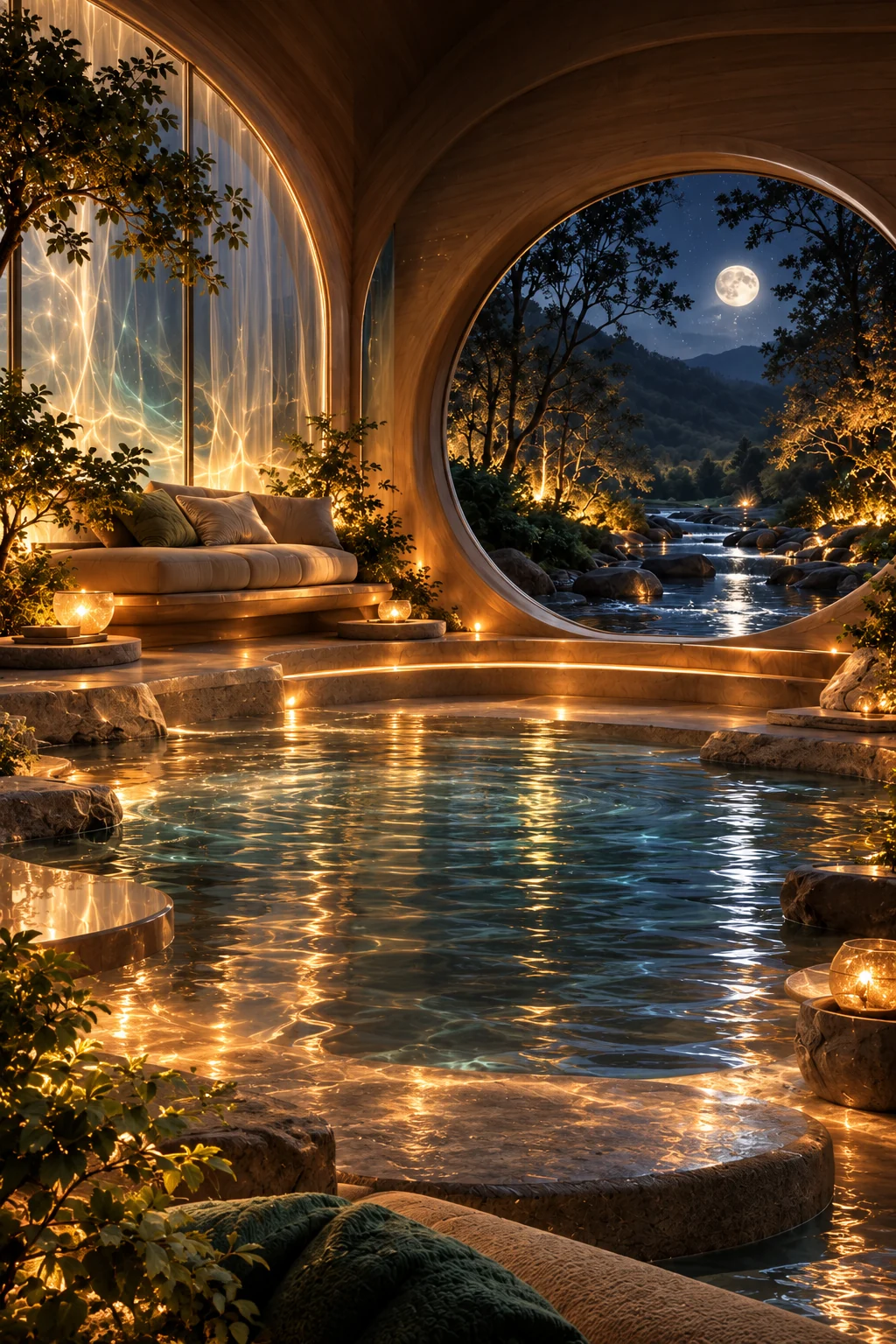 Golden arches and luminous water in The Meltdown Room